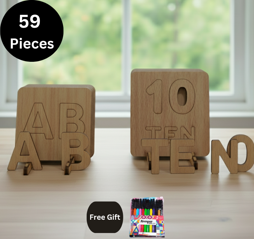 Mega Wooden Stencils Set: English ABC, Urdu Haroof, and Number 1-10 Tracing Boards