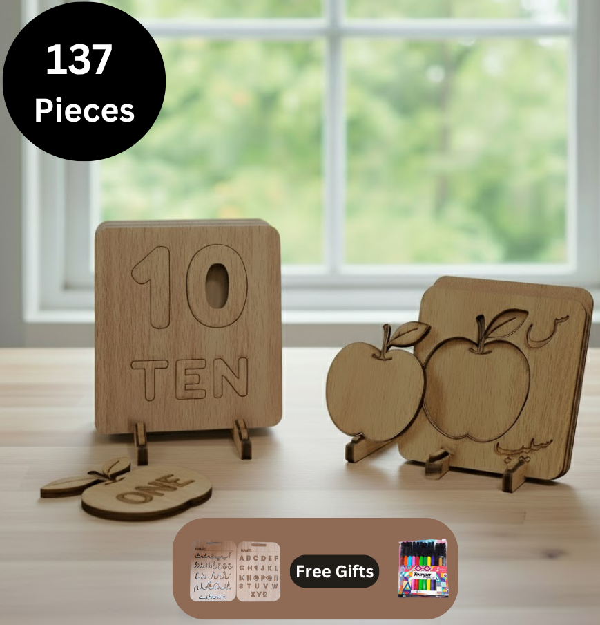 Mega Wooden Stencils Set: English ABC, Urdu Haroof, and Number 1-10 Tracing Boards