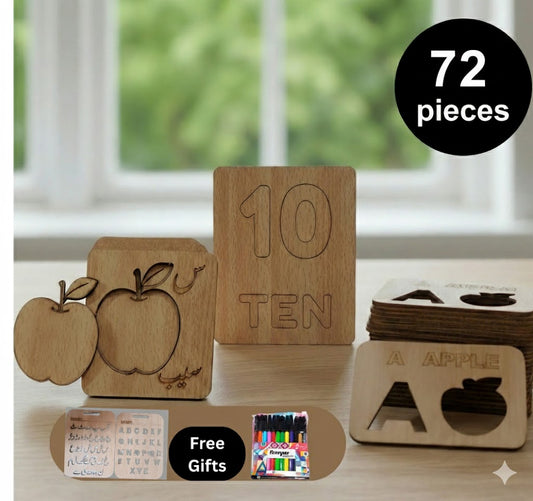 Mega Wooden Stencils Set: Urdu with pictures complete, English with pictures Complete set, Math 1-10 (72 Pcs)