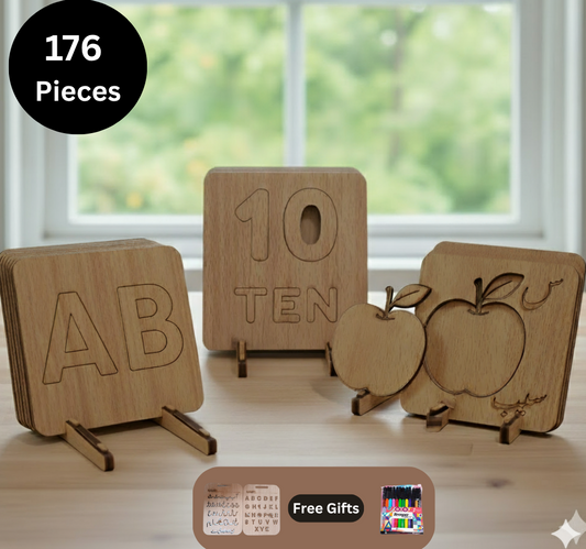 Mega Wooden Stencils Set: English ABC, Urdu Haroof, and Number 1-10 Tracing Boards