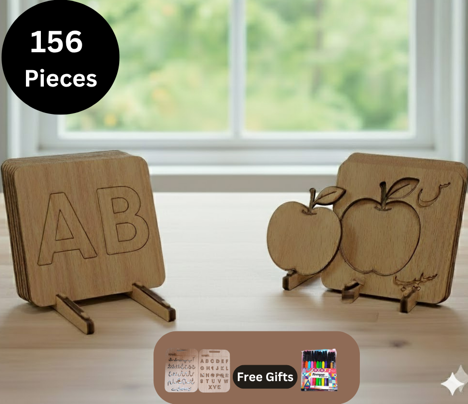 Mega Wooden Stencils Set: English ABC, Urdu Haroof, and Number 1-10 Tracing Boards