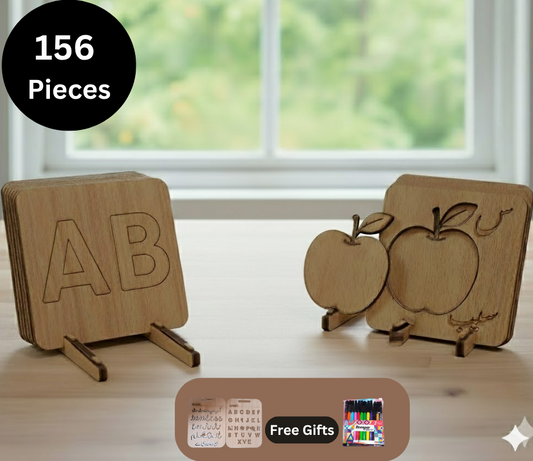 Mega Wooden Stencils Set: English ABC, Urdu Haroof, and Number 1-10 Tracing Boards